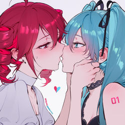 This is a pixiv picture whose title is 重音テトと初音ミクのキス.