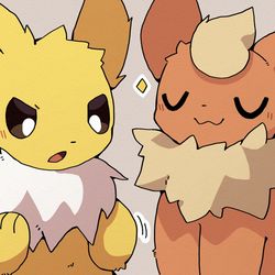 This is a pixiv picture whose title is お互いのまねっこをするサンダースとブースター.