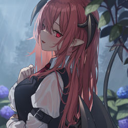 This is a pixiv picture whose title is ずぶ濡れ小悪魔さんと雨宿り.