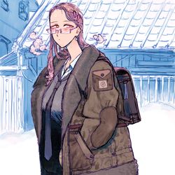 This is a pixiv picture whose title is 雪国インテリちょいギャル.