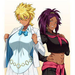 This is a pixiv picture whose title is Yoruichi x Tier Harribel.
