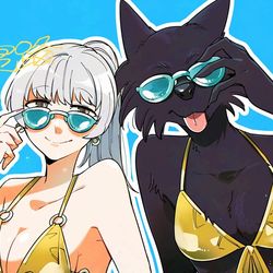 This is a pixiv picture whose title is 【創作百合】帳の金ビキニウェイ.