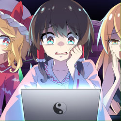 This is a pixiv picture whose title is フラン・霊夢・魔理沙とホラーゲームの夜.