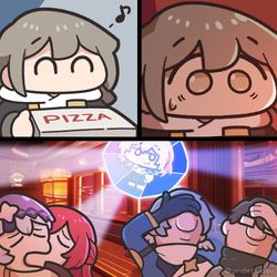 This is a pixiv picture whose title is 피자사왔는데히메코랑블스가뽀뽀하고선트랑웰트는정신못차리삼칠이는.