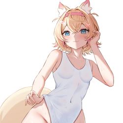 This is a pixiv picture whose title is 白スク水 + 白ニーハイ.