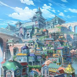 This is a pixiv picture whose title is 【デザイン】レトロな街の昼と夜の風景.