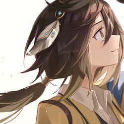 This is a pixiv picture whose title is 「旅の果てに、一筋の黄金を見た」.