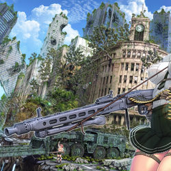 This is a pixiv picture whose title is 女子高生とMG42.