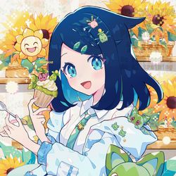 This is a pixiv picture whose title is 【アニポケ】スイーツを食べるリコとニャオハ 🌿.