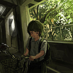 This is a pixiv picture whose title is 朝、緑の駐輪場.