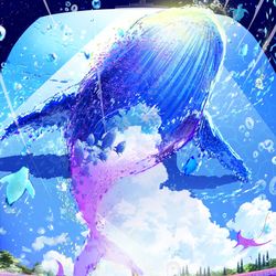 This is a pixiv picture whose title is 空を絵描く『紫を泳ぐ鯨』.