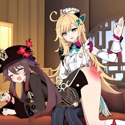 This is a pixiv picture whose title is 因为胡桃每一次都把饭做成奇怪的料理所以被打屁股了.