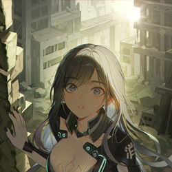 This is a pixiv picture whose title is 廃墟の大地、その上で.