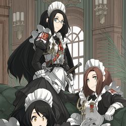 This is a pixiv picture whose title is メイド剣士の三人と一匹.
