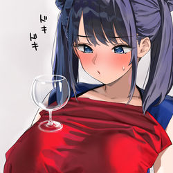 This is a pixiv picture whose title is おっぱいの上でテーブルクロス引きをするお姉さん（２枚）.