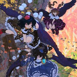 This is a pixiv picture whose title is 「第百四十季 文々。新聞友の会」告知イラスト.