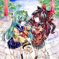 This is a pixiv picture whose title is JK 早苗&霊夢.
