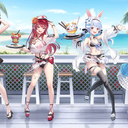 This is a pixiv picture whose title is ホロナツパラダイス「ホロライブ３期生」海の家ウェイトレス衣装.