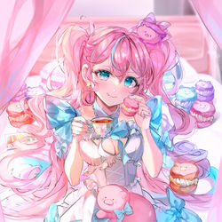 This is a pixiv picture whose title is ぶたマカロンのお茶会☕️🩵.