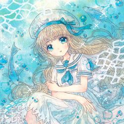 This is a pixiv picture whose title is きらめく海と少女.