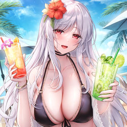 This is a pixiv picture whose title is 銀髪お姉さんとビーチデート🍹🌺.