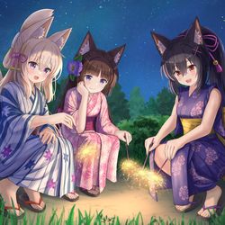 This is a pixiv picture whose title is 花火を愉しんでいる三人娘.