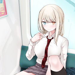 This is a pixiv picture whose title is 通勤電車でぱんつを見せてくるオッドアイJK.