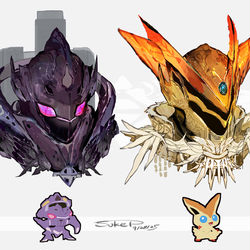 This is a pixiv picture whose title is ゲノセクト・ビクティニモチーフのヘッドギア.