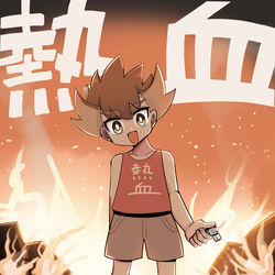 This is a pixiv picture whose title is 故郷の村を熱血する少年.