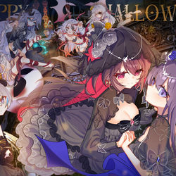 This is a pixiv picture whose title is 🎃🐰🦋🦋🐦‍🔥🐦‍⬛🐶🔫🎃.