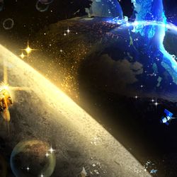 This is a pixiv picture whose title is 月から見た青い奇跡.