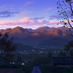 This is a pixiv picture whose title is 盆地、夕暮れ.