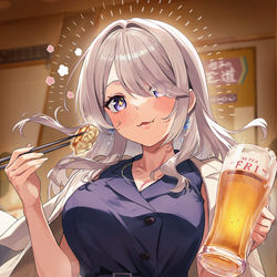 This is a pixiv picture whose title is 餃子とビールで優勝する社長.