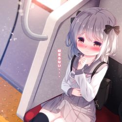 This is a pixiv picture whose title is 電車内で"収まらない"男の娘.