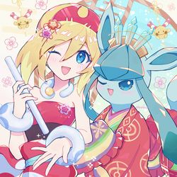 This is a pixiv picture whose title is 【LA4周年】写真撮影をするカイ＆みやびスタイルのグレイシア👘.