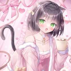 This is a pixiv picture whose title is 🐈‍⬛☕️🎀.