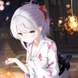 This is a pixiv picture whose title is 「衿がはだけてる？…もうどこ見てるんですか」＋ミニスカ和服.