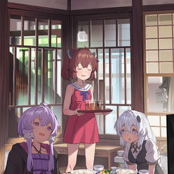 This is a pixiv picture whose title is 素麵をたべる三人.