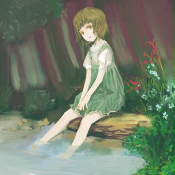 水辺、薄暗い林