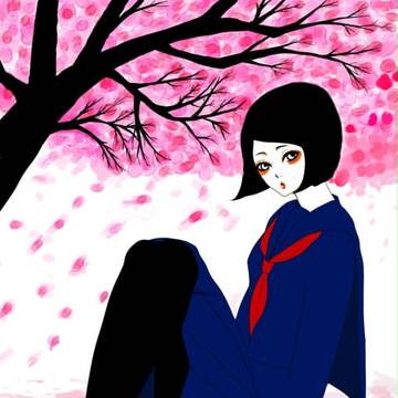 女学生、桜吹雪の中で