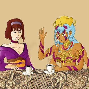 喫茶店でくつろぐ土蜘蛛さんとすみれさん
