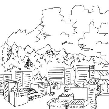 白黒の町の絵