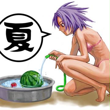 夏なので水着で西瓜を冷やす