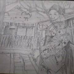 神社内の浴衣を着た女性(写真模写)