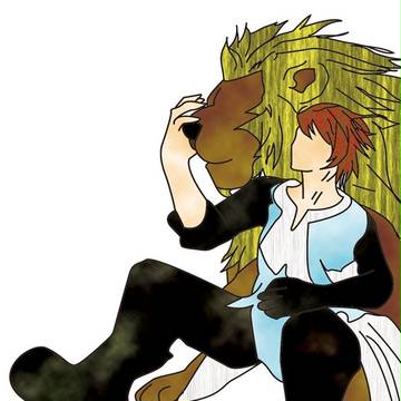 獅子と休む青年