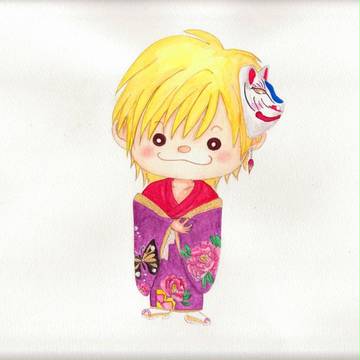 張子のキツネのお面と少年