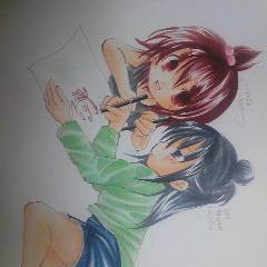 みつどもえ ひとは、 ふたば、二人で おえかき