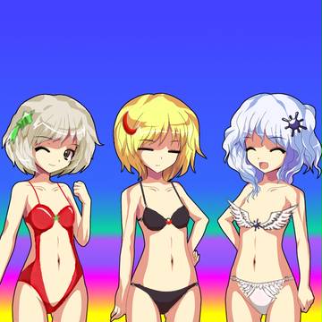 虹川三姉妹にどこかで見たことのあるような水着を着てもらいました