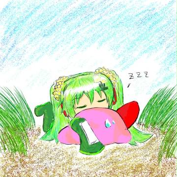 ミク(黄緑だけど)とカービィ(下敷き)