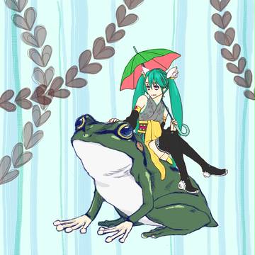 雨と蛙と柳とミクと